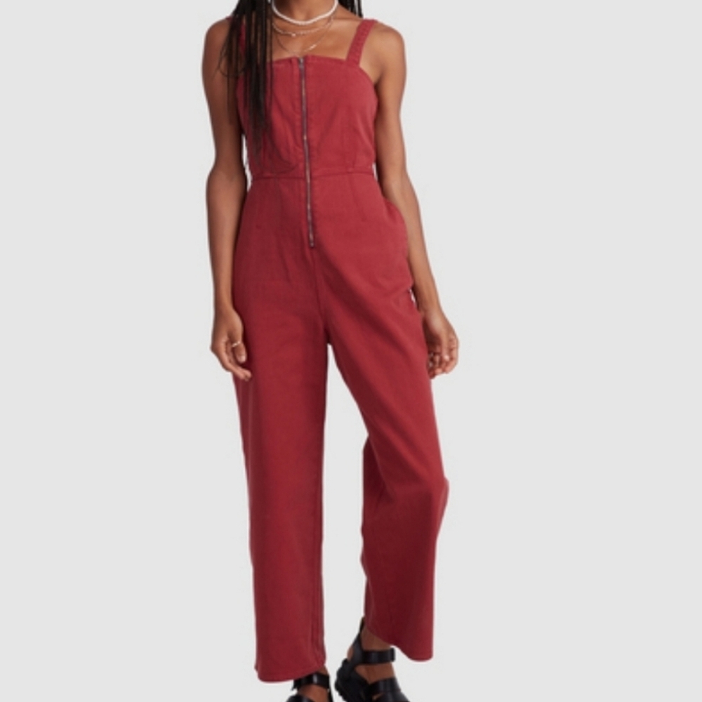RVCA Railway Jumper Zip Front Denim Square Neck Straight Leg Red sz Medium